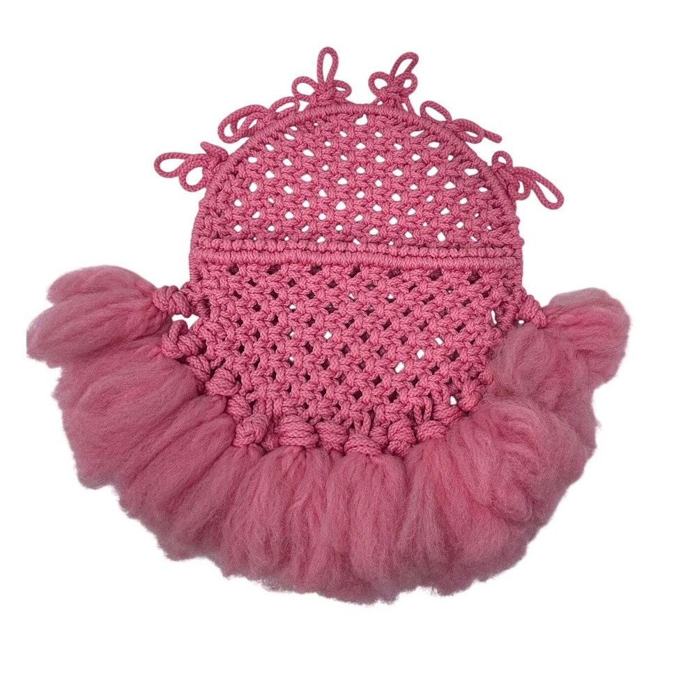 Handmade Pink Macrame Fiber Art Vintage Wall Pocket Hanging Fringe Boho‎ Decor